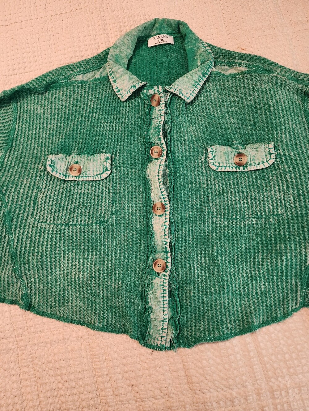 Zenana Button-Front Bright Green Waffleweave Cropped Shirt Jacket L/XL Oversized